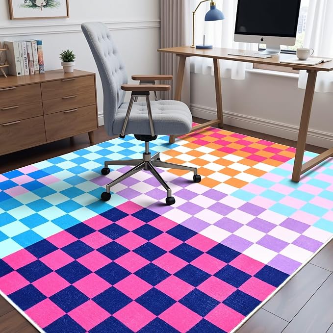 Terrug Multicolored Checkered Rug for Bedroom,4x6 Area Rugs Washable with Non Slip for Living Room,Soft Low Pile Stain Resistance Retro Carpet for Dorm Kids Room