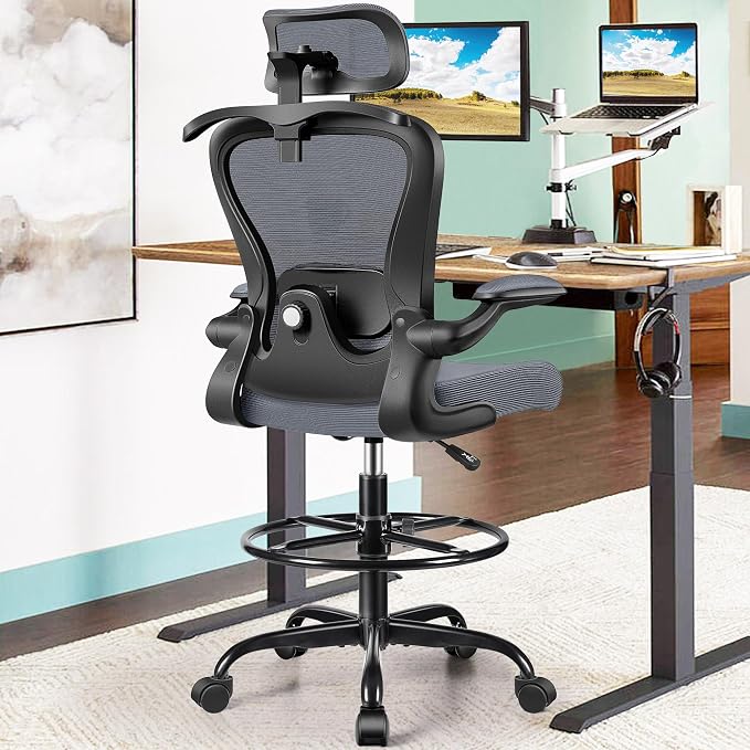 AtHope Drafting Chair, Tall Office Chair with 3D Lumbar & Head Support | Ergonomic Mesh Standing Desk Chair with Footrest Ring, Comfy Extended High Desk Chair with Flip-Up Arms & Hanger, Dark Gray