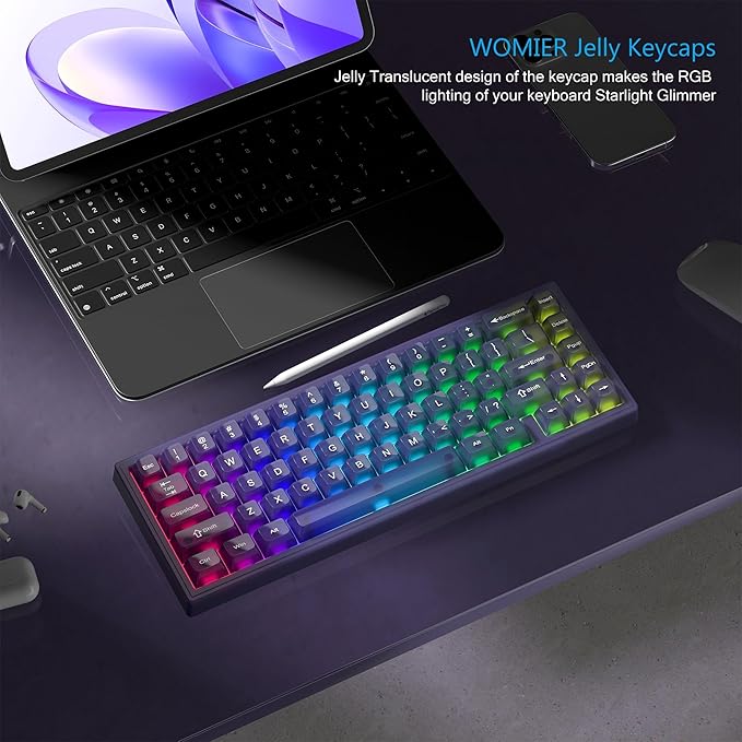 Womier Keyboard Keycaps Jelly Purple, Cute Keycaps Transparent Clear Custom Key Cap 60 65 75 100 Percent for Cherry MX, Kailh, Outemu, Gateron Mechanical Keyboards(MDA Profile)
