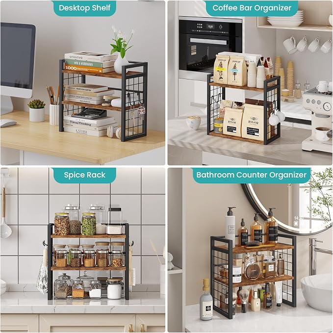 ELITEROO Desktop Shelf Organizer, 2 Tier Wood Desk Bookshelf, Rustic Brown | Desk Top Storage Rack for Office, Dorm, or Bedroom Decor, Small Tabletop Shelf for Books, Plants & Accessories