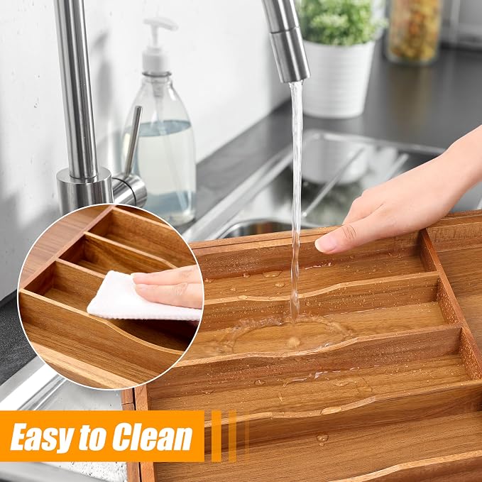 Large Premium Acacia Wood Silverware Organizer - Expandable Utensil Drawer Organizer - 17"x19.6" Utensil Holder and Cutlery Tray with Grooved for Kitchen Flatware Utensils(7-9 Slot, Acacia)