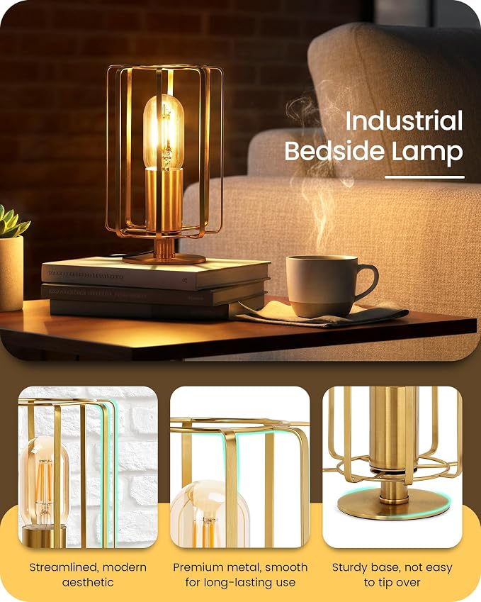 Industrial Table Lamp Set of 2, Small Brass Desk Lamp with Dimmable 2400K Warm Light LED Bulb, Vintage Desk Lamp, Nightstand Lamp for Bedroom, Study, Office, Small Space, Gold D05TLP205