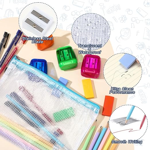 156 Pcs/12 Set Back to School Supplies Kit, Mesh Zipper Pouch Bags with Pencils, Erasers, Sharpeners, Pens – Bulk School Supplies for Classroom & Office Use