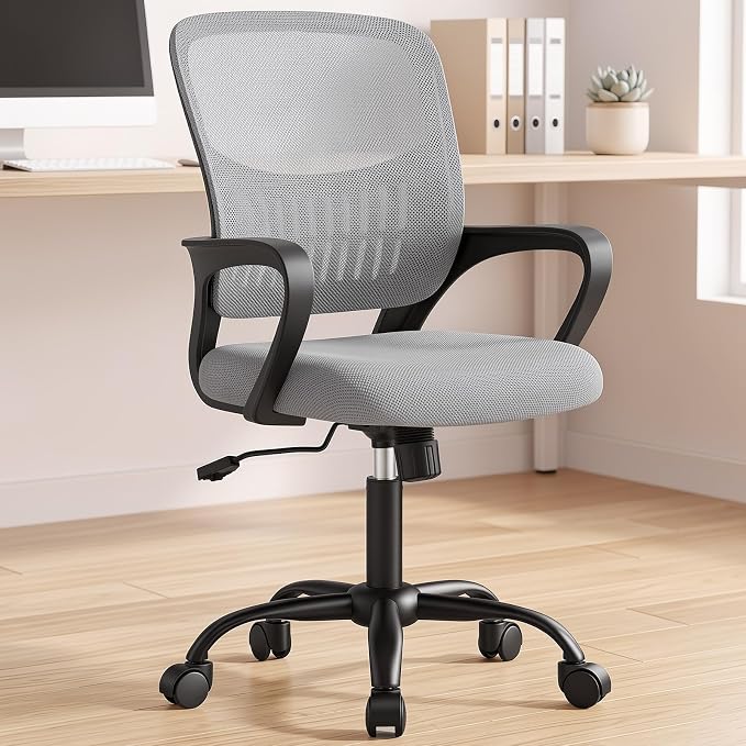 OLIXIS Ergonomic Office Desk Chair, Executive Mid-Back Computer Chair with Comfortable Lumbar Support & Rocking Mode, Height Adjustable with Fixed Armrest, 360° Swivel, for Adults, Grey