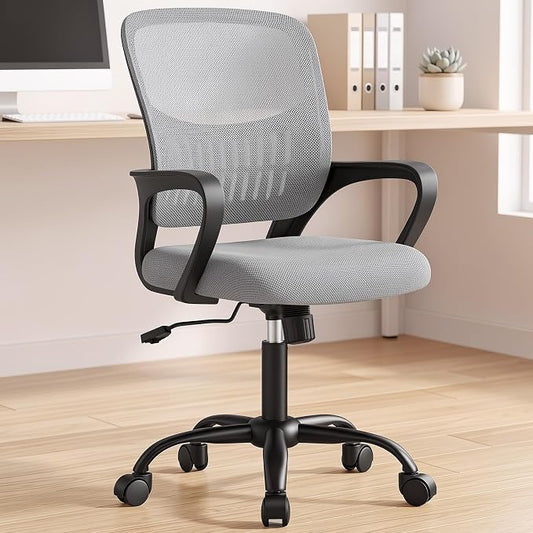 OLIXIS Ergonomic Office Desk Chair, Executive Mid-Back Computer Chair with Comfortable Lumbar Support & Rocking Mode, Height Adjustable with Fixed Armrest, 360° Swivel, for Adults, Grey