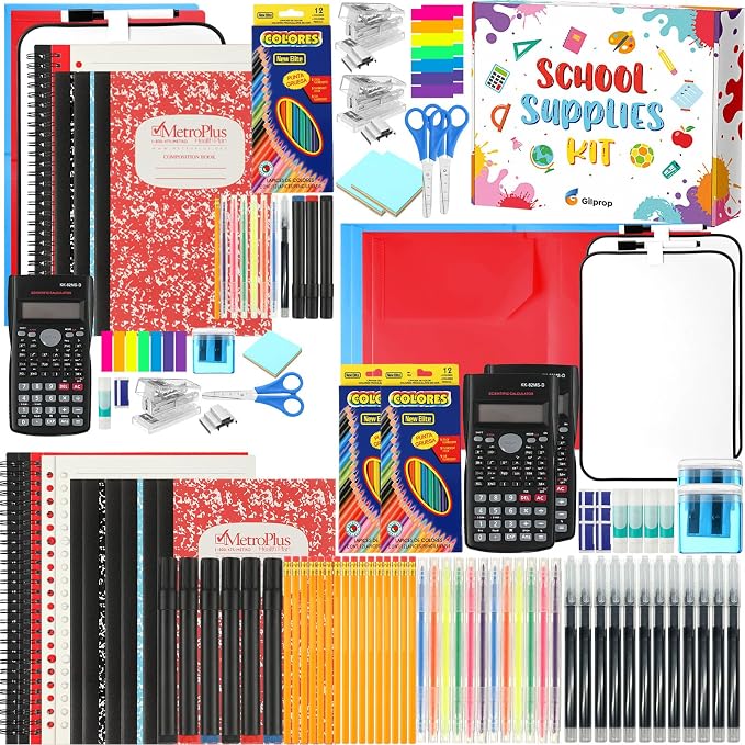 Gilprop 2 Sets School Supply Kit 97 Pcs Per Set Back to School Essentials Bundle Pencils Scissors Glue Highlighter Marker Pen Notebook Eraser Sharpener Calculator Stapler for Middle High Students