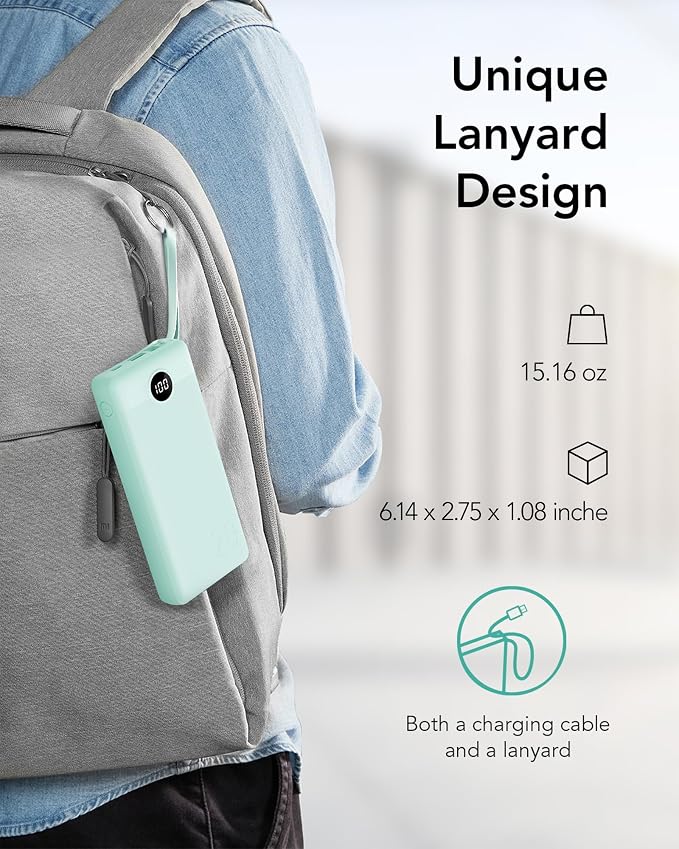 VRURC Portable Charger 20000mAh, Built-in Cables Fast Charging Power Bank, PD QC 3.0 Travel Essentials Battery Pack, 4 Output & 2 Input Phone Charger for iPhone, Samsung, Android