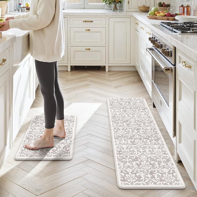 LEEVAN Cushioned Kitchen Mats for Floor Sets of 2, Vintage Distressed Grey Anti-Fatigue Kitchen Mat for Laundry,Non Slip Waterproof Standing Mat for Home,Office, Desk,Sink(17.3"x29"+17.3"x59")