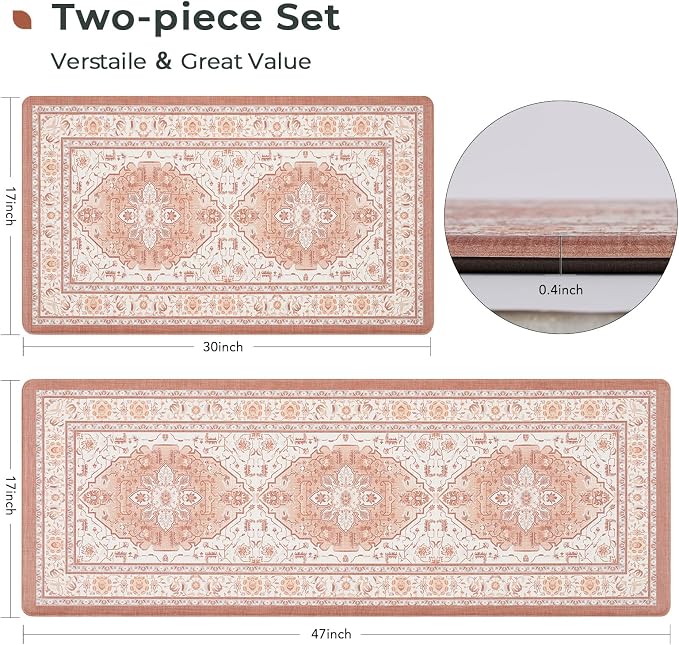 FRESHMINT Medallion Kitchen Mat Set 2 Piece, 17x30''+17x47'', Neutral Clay | Anti-Fatigue, Non Slip, Comfort, Kitchen Decor, Easy to Clean, Waterproof, Perfect for Kitchen, Laundry, Office