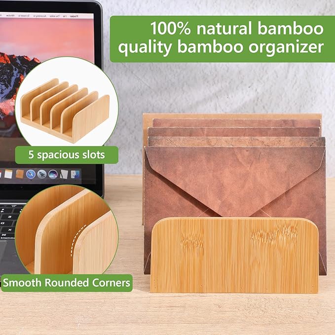 2Pcs Desk Mail Organizer with Divider, Bamboo File Holders, Vertical Letter Sorter for Desktop, Countertop Paper Organizer, 5 Compartments Envelope Holders for Bill, Document, Notebook