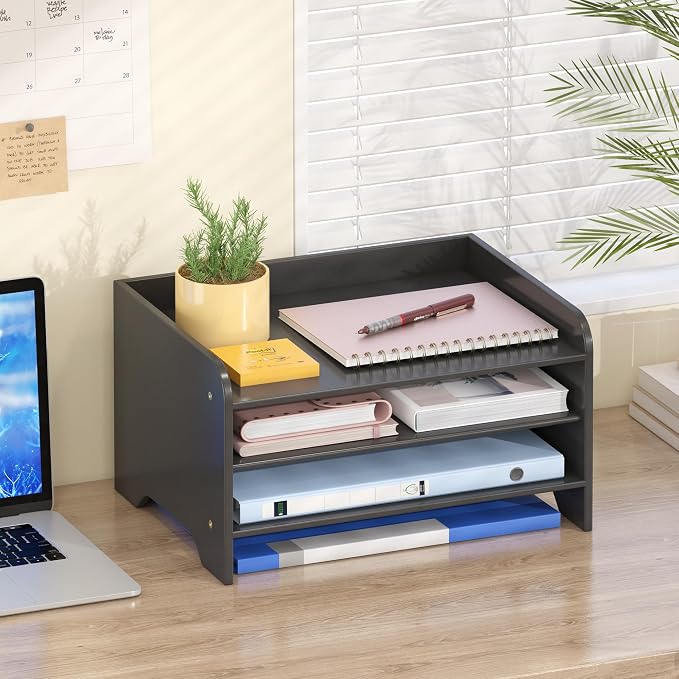 Bamboo File Organizer for Desk, Desktop Paper Tray and Mail Holder | Three open tiers keep A4/letter paper, folders, bills and mail sorted, visible and easy to reach while saving desk space
