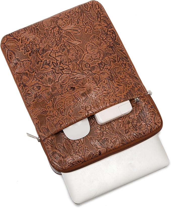 Kinmac 360° Protective Vertical Laptop Sleeve Case Cover Bag (Coffee Flower PU, 13.5 inch-14 inch)