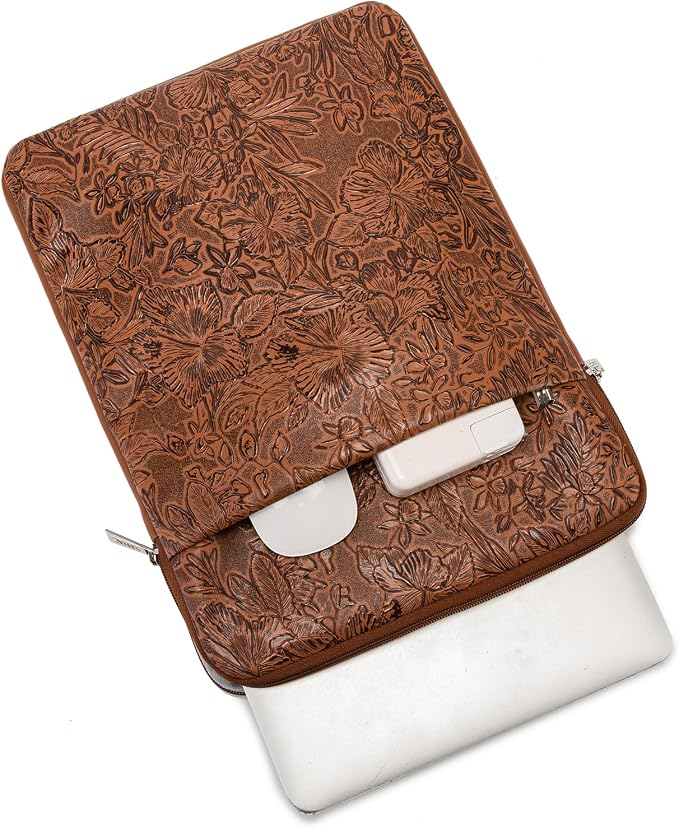 Kinmac 360° Protective Vertical Laptop Sleeve Case Cover Bag (Coffee Flower PU, 15 inch-15.6 inch)
