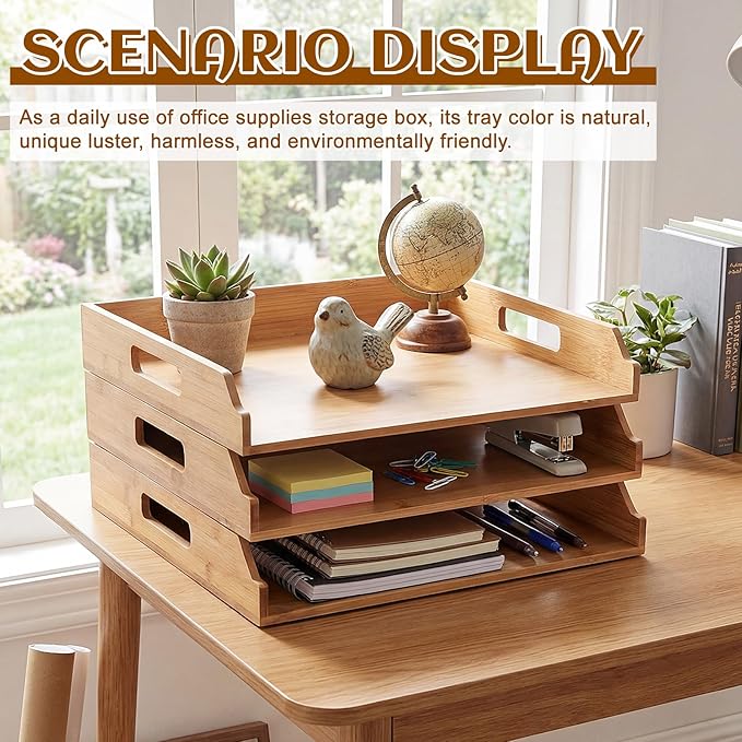 3 Pcs Stackable Paper Tray Bamboo Wood Desk Organizer Letter Tray 3 Tier Wooden File Organizer Desk Shelf for Documents, Letter Sorter, Envelopes and Magazine Holder