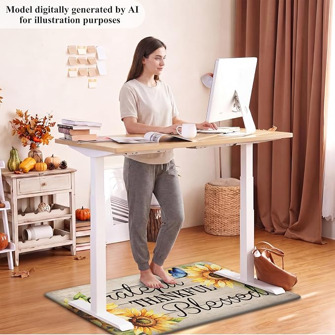 HEBE Fall Kitchen Mat Set of 2, Anti Fatigue Kitchen Mats for Floor | Cushioned Non Slip Autumn Kitchen Rugs and Runner Set, Waterproof Sunflower Floor Carpet for Harvest Thanksgiving