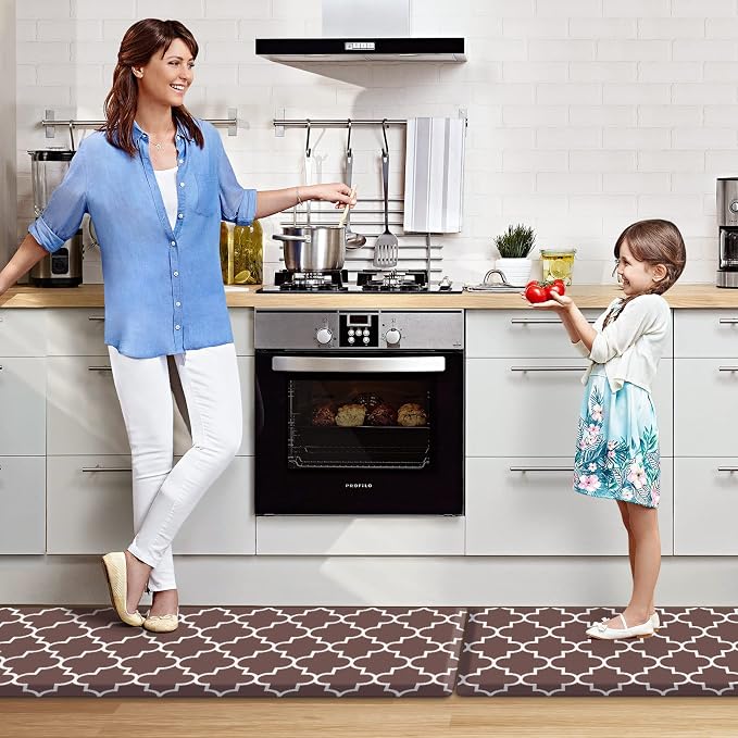 KMAT Kitchen Mat [2 PCS] 0.47in Cushioned Anti-Fatigue Kitchen Rug, Waterproof Non-Skid Heavy Duty PVC Ergonomic Comfort Standing Mat for Floor, Brown