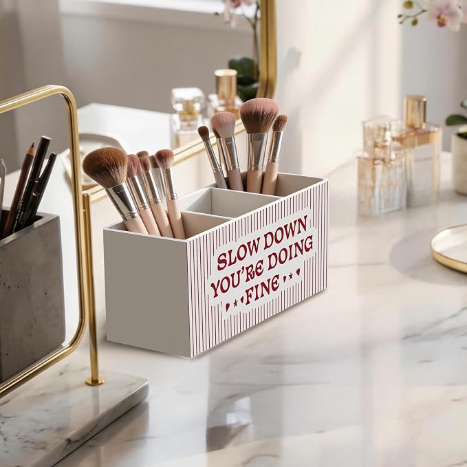Striped Inspirational Wooden Pen Holder for Desk, Slow Down You're Doing Fine Positive Affirmations Pencil Organizer Wooden Box Sign for Therapy Office Home Decoration