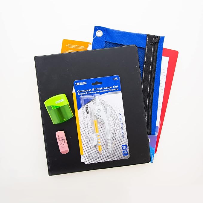 BAZIC PRODUCTS Middle and High School Supplies Kit, 65 Pieces, Grades 7-12, Compass Calculator Notebooks Pencils Pens Highlighters, Prepacked