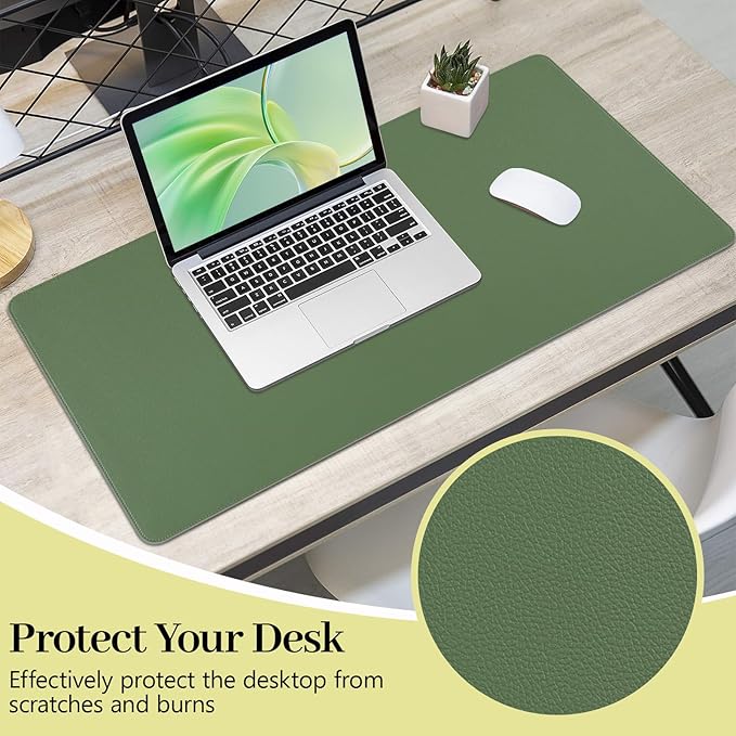 Dark Green Desk Mat, Waterproof Leather Desk Pad for Keyboard and Mouse, Non-Slip Computer Desk Protector Cover, Desktop Mouse Pad for Home Office (Olive Green, 31.5"x15.7")