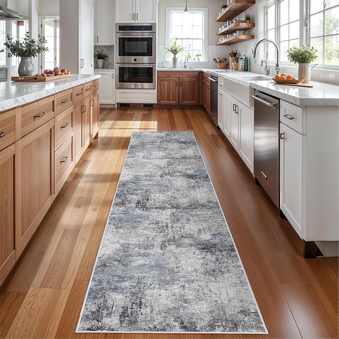 RUUGME Hallway 3x12 Runner Rug - Runner Rug Stain Resistant for Living Room Non Slip Indoor Entryway Rubber Backing Carpet Bedroom Kitchen Distressed Floor Decor Mat Machine Washable 3x12 Blue
