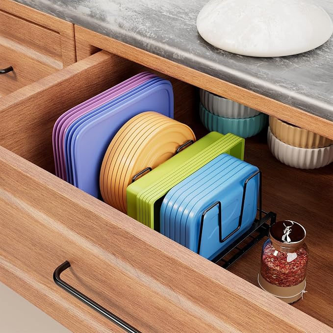 Small Food Container Lid Organizer with Adjustable 5 Dividers Black | Full Metal Pot and Pan Organizer Rack for Home Kitchen Cabinets, Drawers, Cupboards, Pantry Shelves Storage