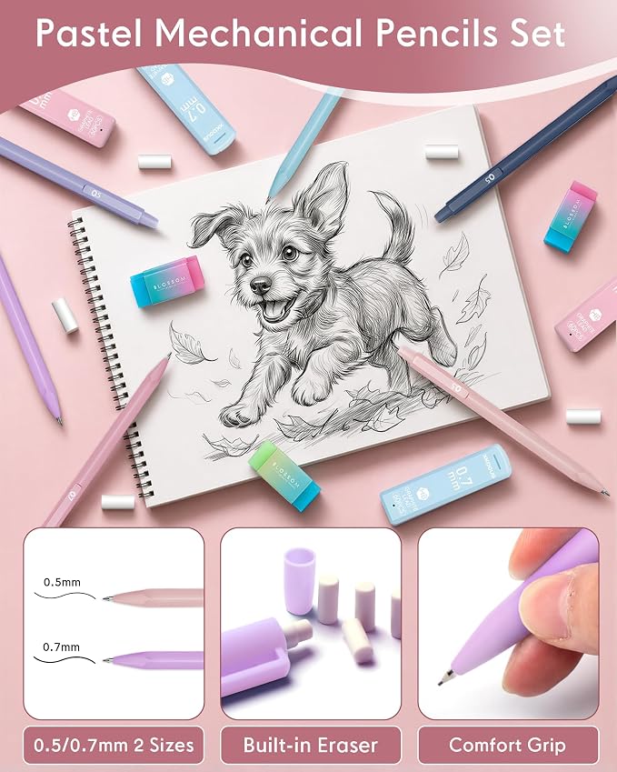 XKDOUS Preppy School Supplies Kit with Large Capacity Pen Case, 6 Mechanical Pencils 0.5mm & 0.7mm with 240 Lead Refills, 6 Pastel Highlighters, 5 Gel Pens for Stationary College Essentials Gifts