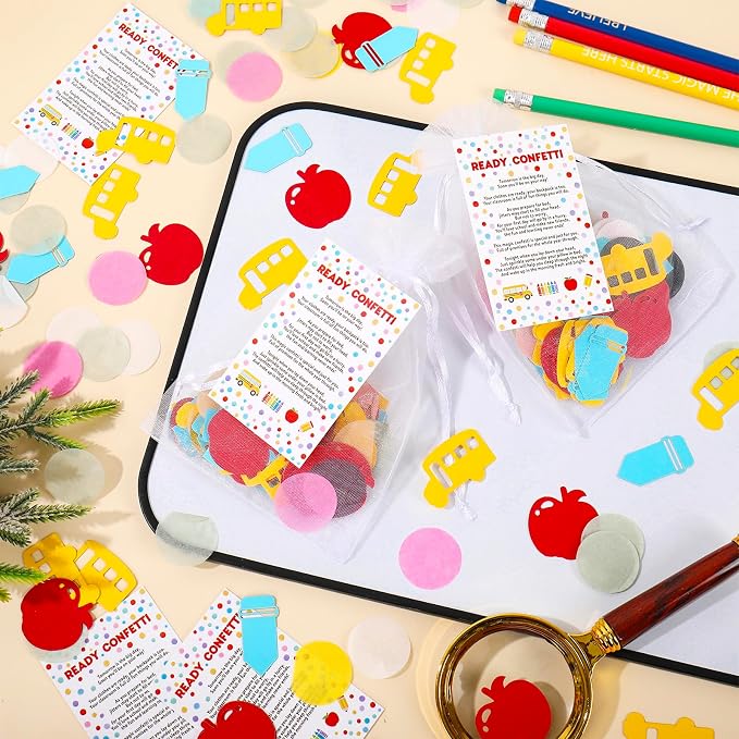 Whaline 24 Sets Back to School Ready Confetti Kits Celebration Confetti with Paper Cards Organza Bags for First Day of School Classroom Party Favors Supplies Table Decor