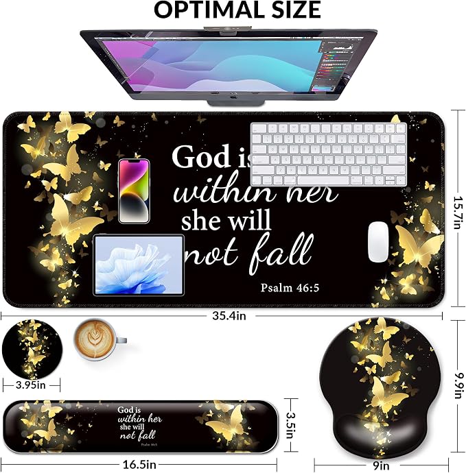 Desk Mat Set + Keyboard and Mouse Pad with Wrist Rest Support,4-in-1 Large Mousepad Computer Mats for Desktop Home & Office-Golden Butterflies