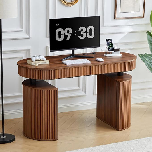 ORRD Electric Standing Desk with Storage and USB & Type-C Charging Ports, Adjustable Height Stand Up Desk, Mid Century Modern Fluted Workstation Desk for Home Office (Walnut)