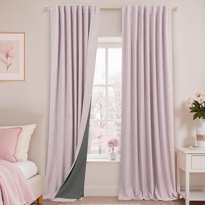 KOUFALL Mauve Dusty Rose Pink Curtains,Blackout Vintage Linen French Country Pale Pastel Curtains for Bedroom Girls Room Living Room
