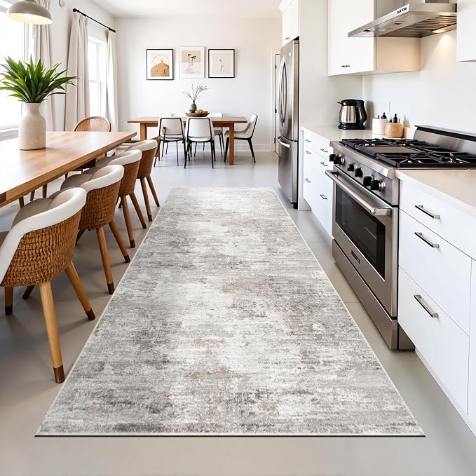 3x12 ft Long Hallway Runner Rug - Non-Slip Washable Kitchen Rug with Rubber Backing,Modern Abstract Neutral Thin Low Pile Floor Carpet Runner for Entryway,Bedroom,Living Room（Beige Grey）