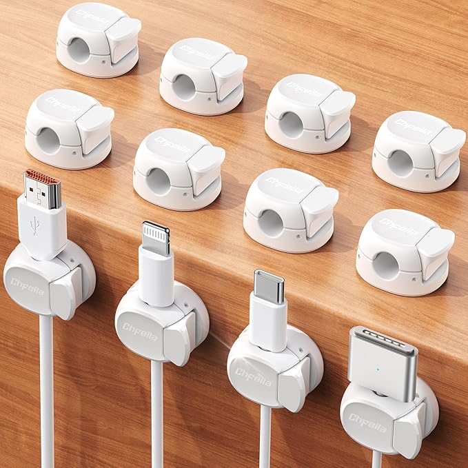 12Pack Cord Organizer [Dual Spring & Clasp] [Max Stability] Cable Clips, Chfeila Cord Holder, Desk Cable Management, Adhesive Wire Organizer for Home Office Desktop Nightstand Car Table Wall - White