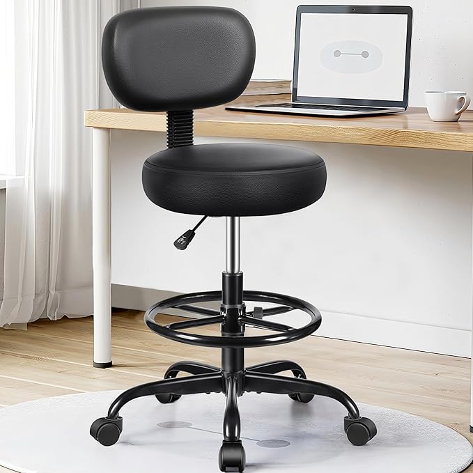 Brick Attic Drafting Chair with Backrest – Adjustable Foot Rest Rolling Stool with Wheels, PU Leather Swivel Stool for Office Spa Studio Lab Counter Salon Home Work Bar Kitchen Shop(Black), Pack of 2