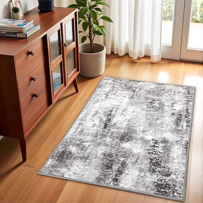 Macgace Washable Abstract Rug, 2x3 Small Modern Area Rugs with Non-Slip Rubber Backed for Kitchen, Thin but Soft Throw Carpet Bedroom Entryway Front Door Decor, Dark Grey
