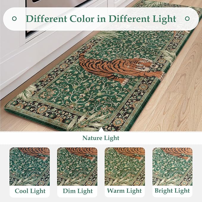 KIMODE Anti Fatigue Mats for Kitchen Floor 17"x47"+17"x29", Cushioned Tiger Kitchen Rugs Sets of 2, Padded Kitchen Floor Mats Non Slip, Comfort Standing Mats for Laundry Office Sink Desk Green