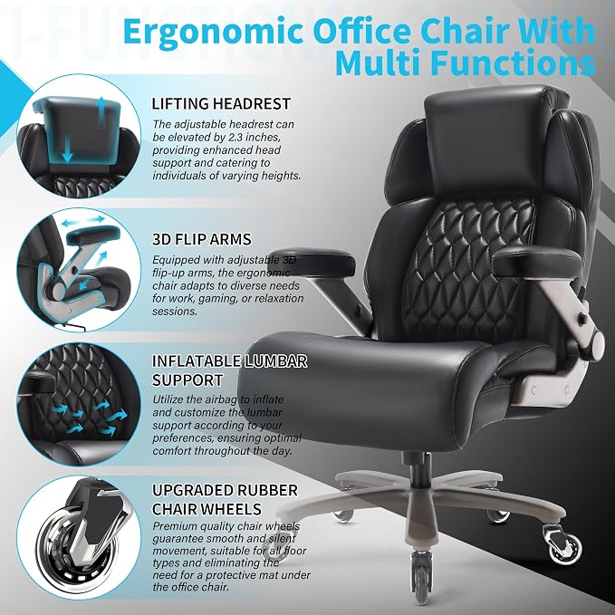 Big and Tall Office Chair 700lbs, Ergonomic High Back Computer Desk Chair | Adjustable Headrest&Lumbar Support, 3D Flip Arms, Large Wheels, Heavy Duty Metal Base, Thick Padded Wide Seat Executive Chair
