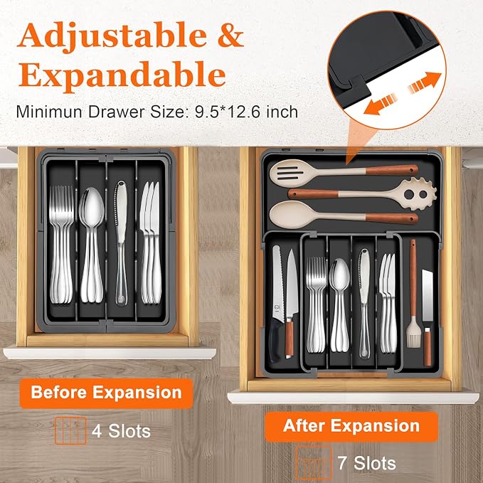 Silverware Organizer - Expandable Kitchen Drawer Organizer, Utensil Drawer Organizer, Adjustable Plastic Flatware and Cutlery Holder, Kitchen Organizers Storage for Forks Knives, Black