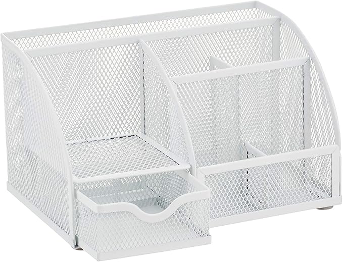 Annova Mesh Desk Organizer Office with 7 Compartments + Drawer/Desk Tidy Candy/Pen Holder/Multifunctional Organizer (White)