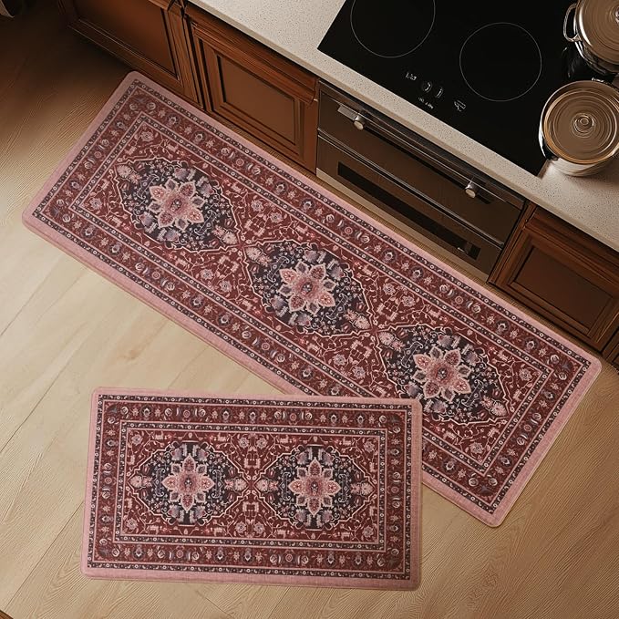 FRESHMINT Medallion Kitchen Mat Set 2 Piece, 17x30''+17x47'', Terracotta | Anti-Fatigue, Non Slip, Comfort, Kitchen Decor, Easy to Clean, Waterproof, Perfect for Kitchen, Laundry, Office