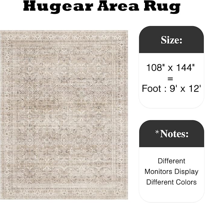 HUGEAR Area Rug 9x12 Vintage Beige Machine Washable Living Room Rugs Distressed Retro Floral Vacuumable Low Pile Carpet Bedroom Office Dining Room Laundry Room Non Slip Soft Lightweight