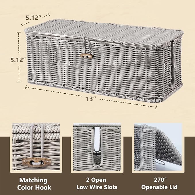 BROWNLILY Cable Management Box, Rattan Style Cord Organizer for Desk Cord Hider Outlet Covers for Power Strip TV PC Router Charger Under Desk Storage with Lockable Lid and Cable Ties