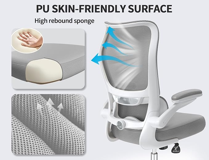 TRALT Ergonomic Office Chair- Desk Chair with Adjustable Lumbar Support | Big and Tall Back Ergonomic Desk Chair - Home Office Mesh Chairs and PU Leather Seat for Home Reading to Adults(Grey)