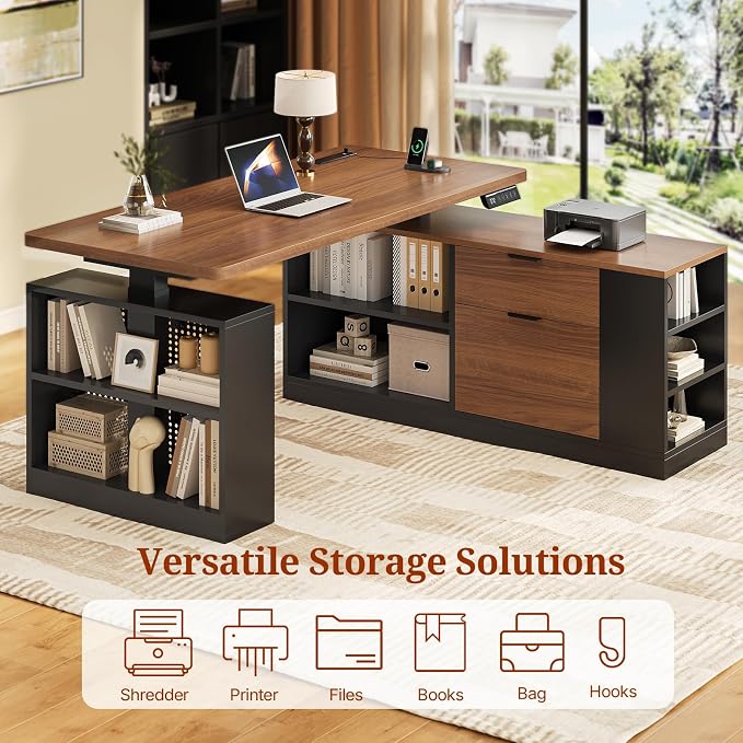 UPOSOJA L Shaped Standing Desk Adjustable Height, 53" Electric Office Desk with File Drawers & Storage Shelves, Sit Stand Corner Computer Desk with Power Outlets, Pegboard, 6 Hooks, Black & Walnut