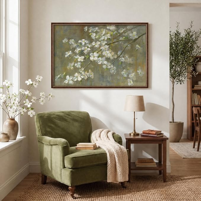 Framed Vintage Floral Wall Art, Green White Neutral Farmhouse Botanical Canvas Painting Prints Artwork for Walls, Rustic Retro Flower Picture for Living Room Bedroom Kitchen Hallway Wall Decor, 24x36
