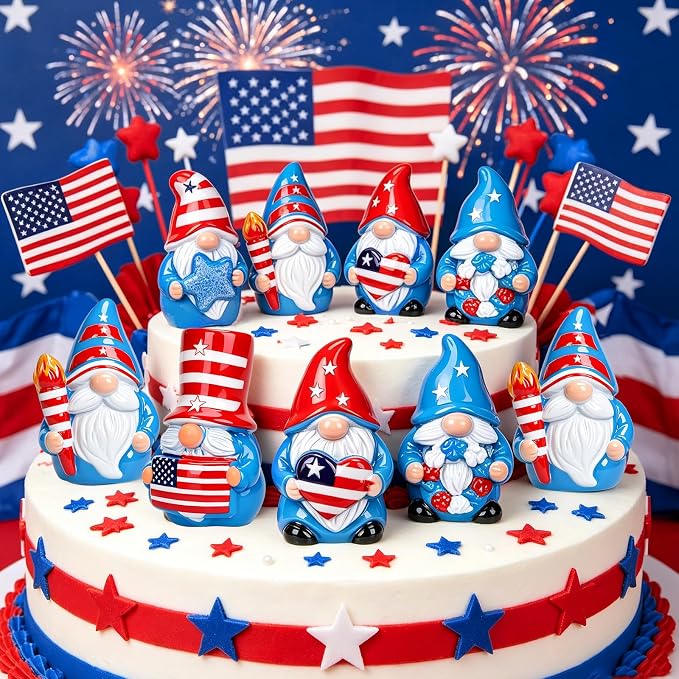 60 Pcs Patriotic Mini Resin Gnomes 6 Style 4th of July Tiny Gnomes Figures to Hide Independence Day Miniature Decor for DIY Craft Projects Party Favors and Desk Decor