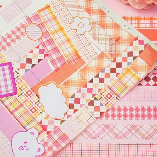 Basic Grid Washi Tape Set 12 Rolls Plaid Decorative Masking Tapes for Arts, DIY Crafts, Journals, Planners, Scrapbook, Wrapping (Pink)
