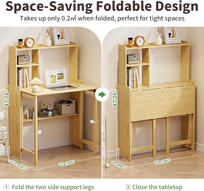 Bamboo Folding Desk for Small Spaces with Storage, Mid Century Foldable Desk with Bookshelf, Small Desks with Storage for Home Office Bedroom, Natural