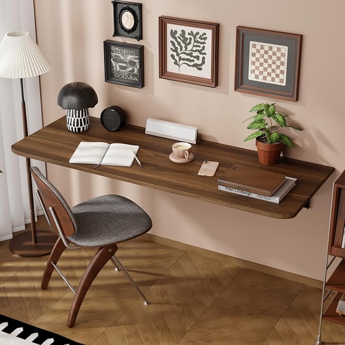 Dogsky Wall Mounted Folding Table, Floating Desk 55x15.7Inch, Fold Down Shelf Wall Mounted with Heavy Iron Brackets, Foldable Table for Launrdy Room, Office Study Work Bench, Kitchen Dining, Walnut