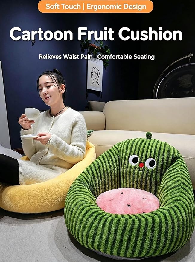 Fruit Shaped U-Wrap Plush Seat Cushion, Detachable Lumbar Support Floor Pillow, Non-Slip Thick Lazy Sofa Chair Pad for Home Office，Green：21.7 * 17.7in