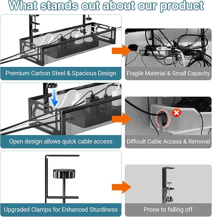 No Drill Under Desk Cable Management Tray, SONATURE 15.7" Cord Organizer for Table, Clamp Mount Desk Cable Management, Premium Carbon Steel Cable Organizer for Office, Home (Black)